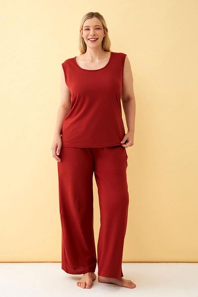 Akbeniz Women's Tile Large Size Combed Cotton Bottom Top Set