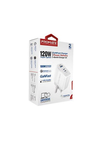Promate Ultra-compact 120W wall charger with two Type-C™ ports and an 18W QC 3.0 port,