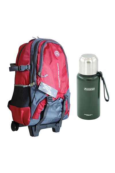 MASTER PACK Luxury Laptop Compartment, Squeegee and Wheeled Mountaineer Travel Backpack - Orcamp 500 ml Thermos Gift