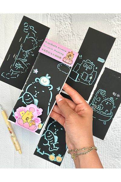ZeCo Collection Kapibala Rainbow Character Magic Black Scratch Notebook 4 Sheets Scratch Painting Pink