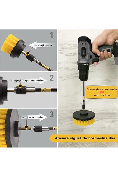 divendi-ro Set of 3 plastic rotating brushes for cleaning surfaces, with adapter, for electric screwdriver