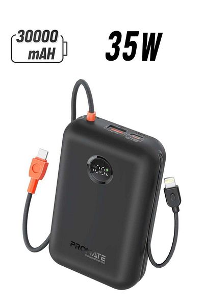 Promate 30000 mAh 4 in 1 High-Capacity Power Bank 35W, With Built-In USB-C Cable, 27W Lightning Cabl