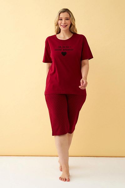 Akbeniz Women's Burgundy Heart Patterned Plus Size Capri Pajama Set