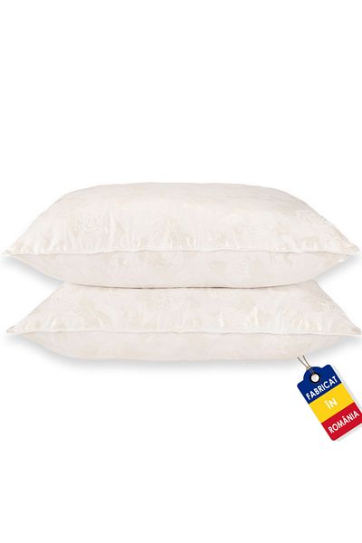 Pernador Set of 2 goose down and feather pillows, 50x70 cm, White with silver roses