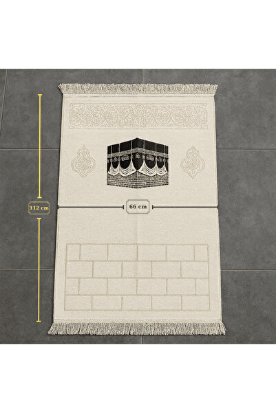 Tesbihane Kişiye Özel Nakış İşlemeli Kabe Motifli Özel Saçaklı Beyaz Renk Hediyelik Seccade