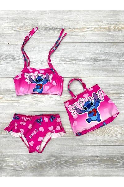 ARBİ kids Female Child Stitch Pink Three Piece Swimsuit Suit with Bag