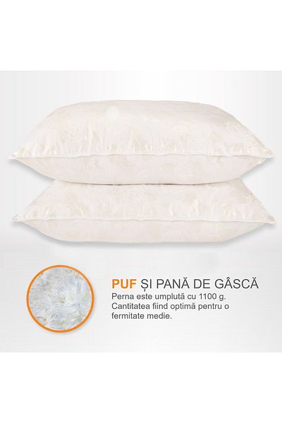Pernador Set of 2 goose down and feather pillows, 50x70 cm, White with silver roses