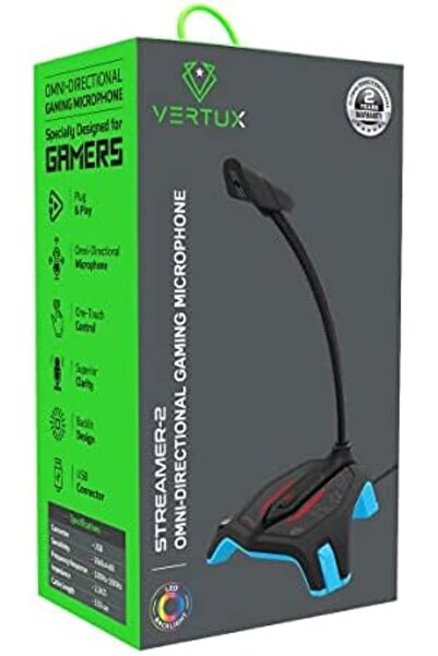 VERTUX ميكروفون ألعاب USB، ميكروفون مكثف متعدد الاتجاهات لسطح المكتب، سهل التوصيل والتشغيل، مزود بمفتاح كتم الصوت،