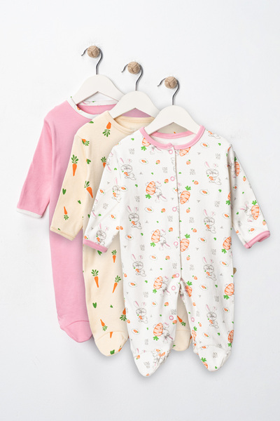 ENİA BABY Organic Baby Girl Patterned 3-Piece Jumpsuit Set Newborn Outfit 3-6-9 Months 3-Piece Cotton 3 Pieces