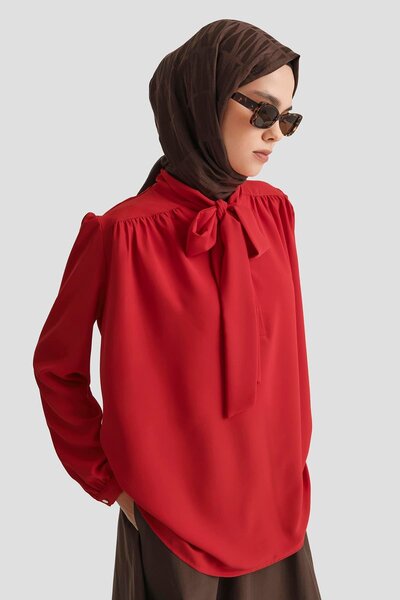 Armine TREND Armi̇ne Trend Neck Ribbon Patterned Tunic-Red 25Yt303