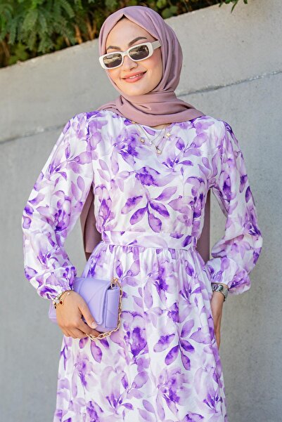 Tesettür Çarşım Keny Lotus Çiçekli Yazlık Elbise-Mor