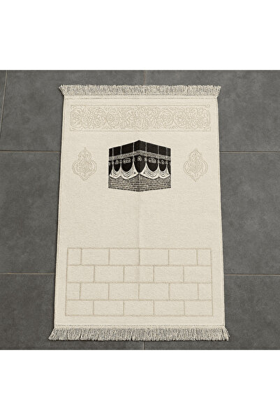 Tesbihane Kişiye Özel Nakış İşlemeli Kabe Motifli Özel Saçaklı Beyaz Renk Hediyelik Seccade
