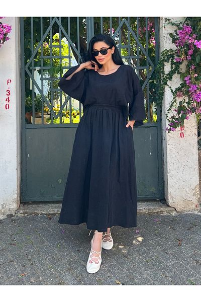 KÜÇÜĞÜM BUTİK Set de bluză casual brodată neagră de muselină și fustă evazată (SET 2 PIESE BRODAT)