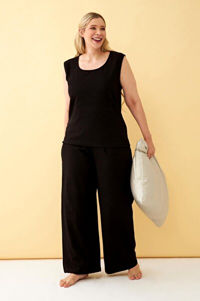 Akbeniz Kadın Siyah Keten Jakarlı Büyük Beden Alt Üst Takım