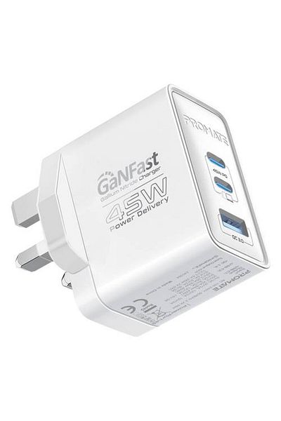 Promate 45W GaNFast™ charger with Quick Charge 3.0 technology, for an ultra-fast charging experience