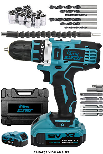 Newstar GÜÇLÜ 12v Metal Şanzıman Çift Akülü Bakır Sargı Şarjlı Matkap Akülü V...