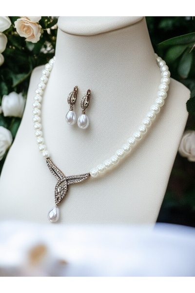 FAYRA ACCESSORIES Zirkon Taşlı Mayorka İnci Tasarım Kolye ve İnci Küpe Seti