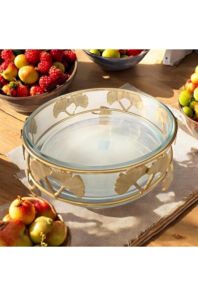 partridge store Glass Presentation Plate with Metal Leaf Legs Round 25 cm Gold