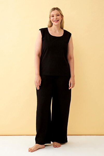 Akbeniz Kadın Siyah Keten Jakarlı Büyük Beden Alt Üst Takım