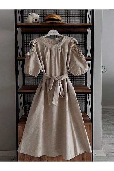 My twins Ewas Design Midi Length Off-The-Shoulder Belted Women's Cotton Plus Size Dress