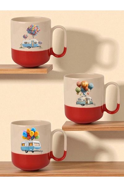 lili hediyelik Balloon and Caravan Printed Red Base 3-Piece Mug - Home Kitchen Office Workplace Gift Item