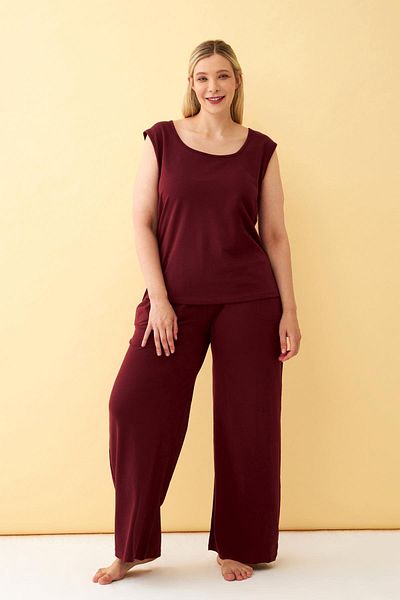 Akbeniz Women's Burgundy Large Size Combed Cotton Bottom Top Set