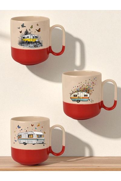 lili hediyelik Butterfly and Caravan Printed Red Bottomed 3-Piece Mug Set - Home Kitchen Office Workplace Gift Item
