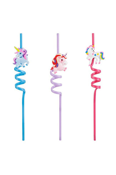 Renkli Unicorn İçecek Yeniden Kullanılabilir Plastik Pipet 3'lü