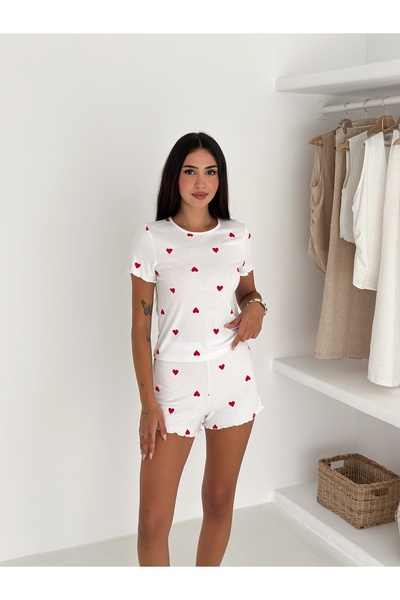 LETS BASIC Heart White Short Sleeve Shorts Pajama Set