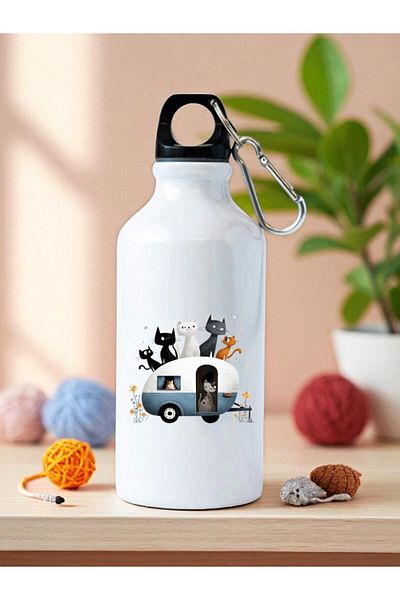 lili hediyelik Cat and Caravan Printed Water Bottle Flask Water Bottle - Home Kitchen Office Workplace Gift Item