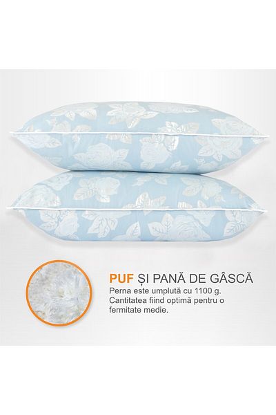 Pernador Set de 2 perne cu puf si pana de gasca, 50x70 cm, Albastru cu trandafiri argintii
