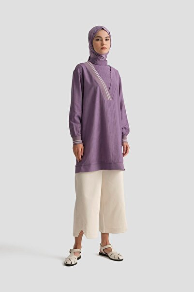 Armine TREND Çilek Kumaş Kolları Ribanalı Tunik-Mor 25YT4143