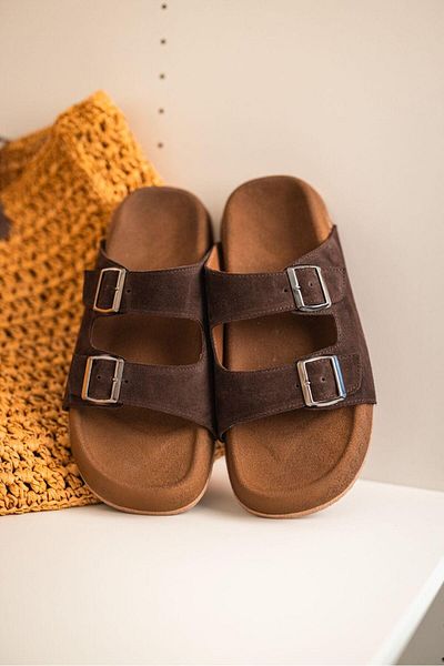 Lovittoman Brown Suede Poly Sole Men's Slippers with Buckle Detail