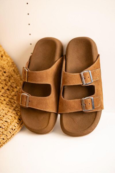 Lovittoman Buckle Detailed Tan Suede Poly Sole Men's Slippers