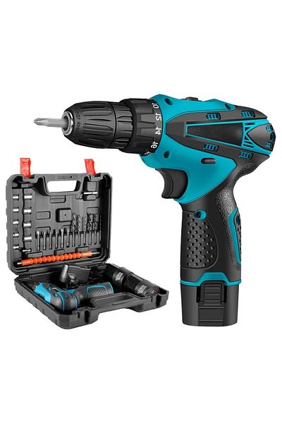 divendi-ro Cordless electric screwdriver set, 2 batteries, 12V, 24 accessories included, 2 speeds, blue