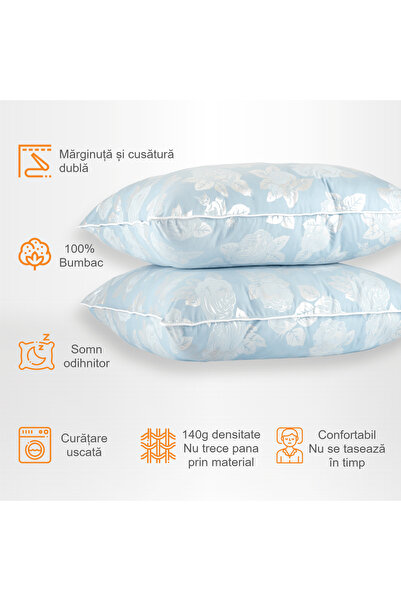 Pernador Set de 2 perne cu puf si pana de gasca, 50x70 cm, Albastru cu trandafiri argintii