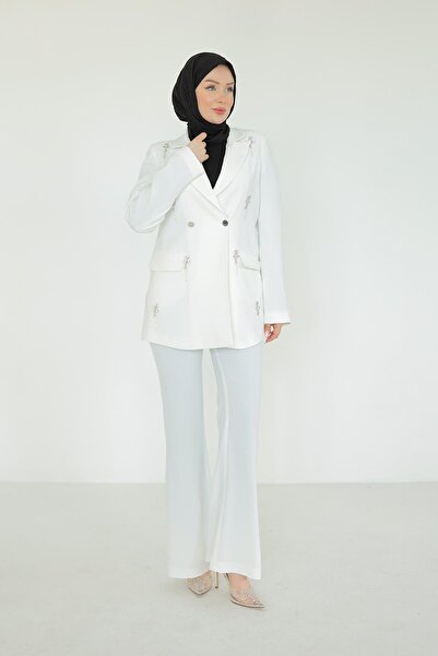 Armine TREND Ceket ve Pantolonlu Taş Detaylı İkili Takım-Ekru 25YT629