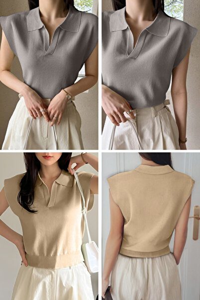 citystyle Bluză pentru femei, 2 bucăți, cu mâneci zero, cu gât polo, fără mân...