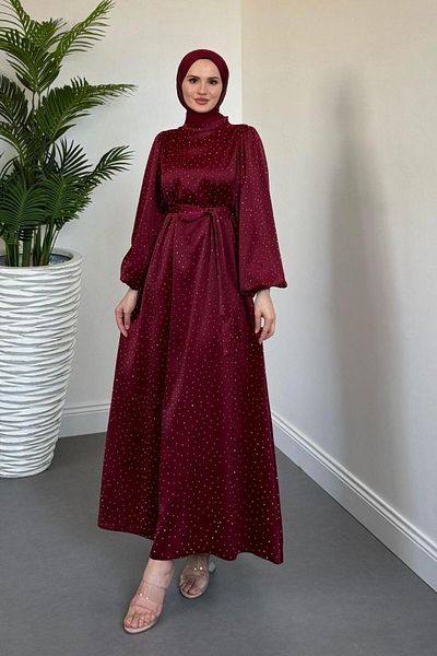 MERVEN AKYÜZ Βραδινό φόρεμα Milano Stoned Balloon μανίκι Claret Red