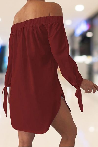 AQE FASHION Madonna Collar Short Sleeve Detailed Summer Women's Burgundy Mini Dress