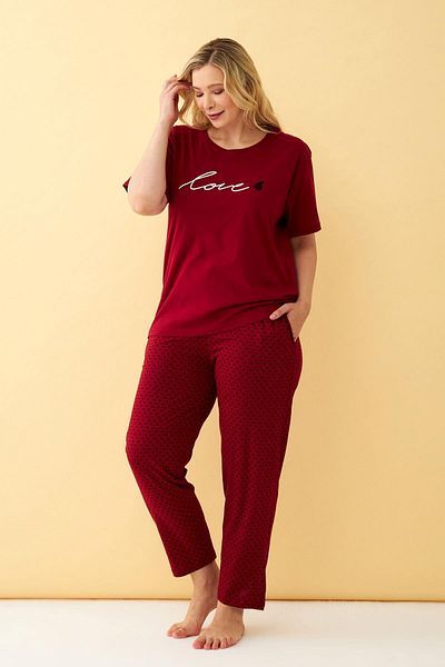 Akbeniz Women's Burgundy Love Written Large Size Pajama Set