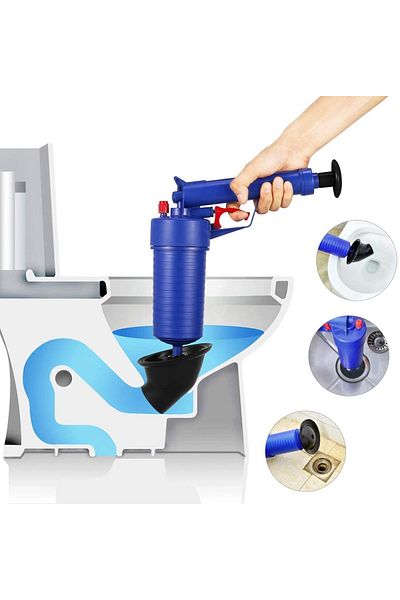 DAR Compressed air pump with 4 accessories for unclogging pipes in sinks, bathtubs, showers and toilets
