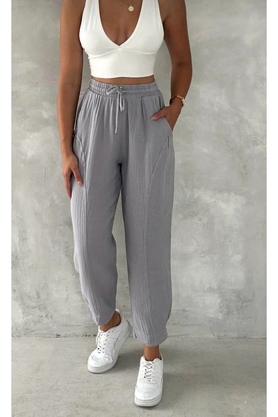 Rosidam Balloon Leg Elastic Waist Plain Linen Trousers