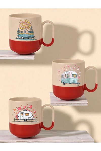 lili hediyelik Heart and Caravan Printed Red Base 3-Piece Mug - Home Kitchen Office Workplace Gift Item