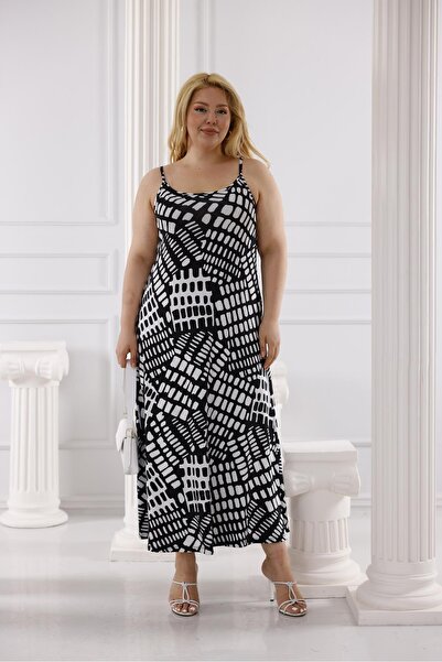 Siyezen Plus Size Rope Strap Cotton Lycra Basic Patterned Dress