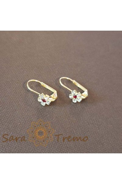 saratremo Flower Earrings with Red Crystal Center and White Crystals