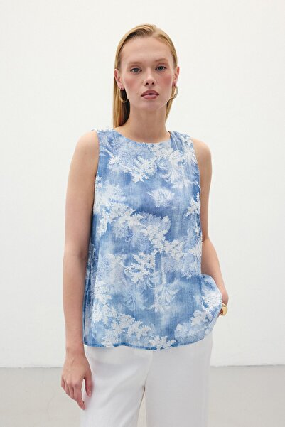 Sateen Nakışlı Kolsuz Bluz - İndigo