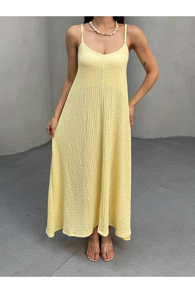 asalya Women's Yellow Adjustable Strap Seersucker Fabric Summer Long Dress