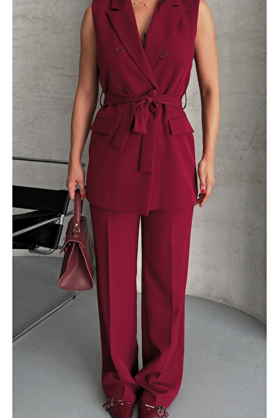 pembekurdelem Women's Belted Vest Trousers Suit Burgundy
