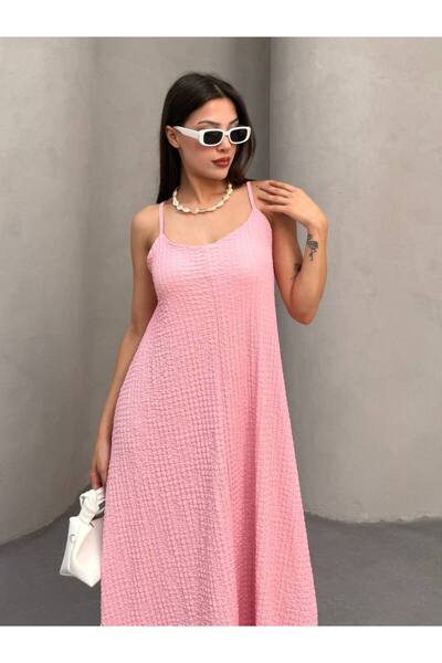 asalya Kadın Pembe Ayarlanabilir Askılı Gofre Kumaş Yazlık Elbise
